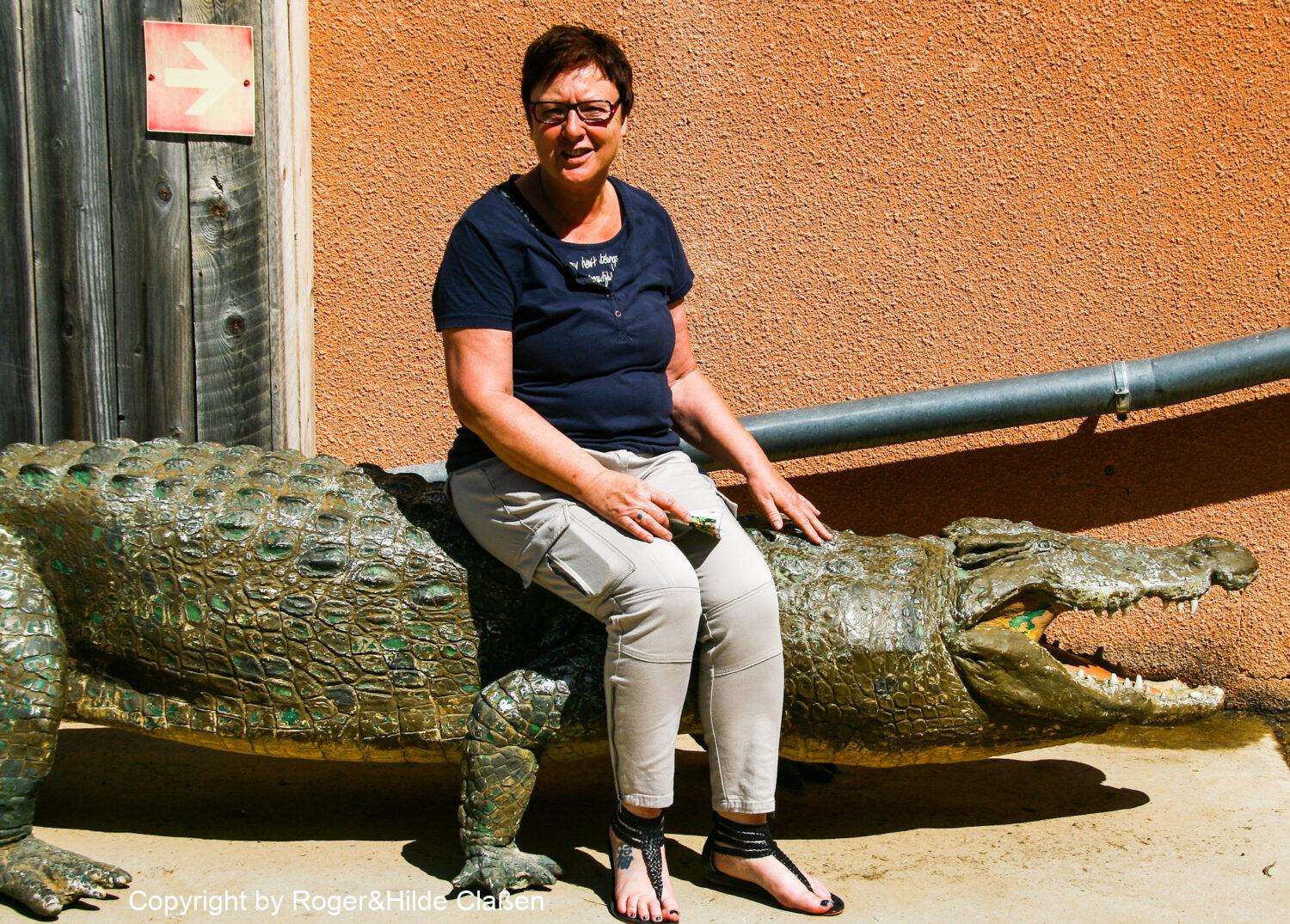 Reptilienfarm zum Vallon Pont d'Arc 21 Hilde, die auf dem Krokodil ritt.
